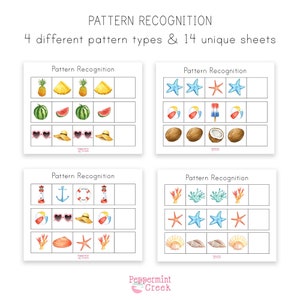 Descarga digital de reconocimiento de patrones, tema de verano, Montesori, juegos para la educación en casa, aprendizaje preescolar, hojas de trabajo para jardín de infantes, primer grado.