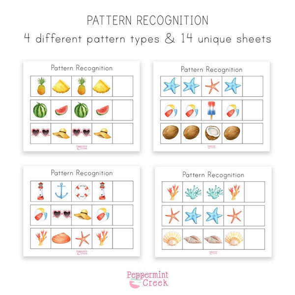 Pattern Recognition Digital Download, Summer Theme, Montesori, Homeschool Games, Preschool Learning, Kindergarten Worksheets, First Grade,