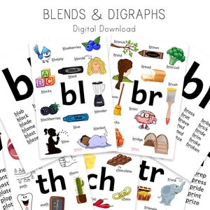 Descarga digital de mezclas y dígrafos, aprender a leer, tarjetas didácticas de fonética, Montessori, madre que educa en casa, jardín de infantes, primer grado, enseñanza