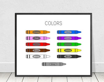 Könnte beinhalten: Ein gerahmter Druck mit dem Wort "COLORS" oben. Darunter sind Buntstiftillustrationen in verschiedenen Farben, darunter Orange, Pink, Rot, Braun, Weiß, Grau, Blau, Lila, Grün, Gelb und Schwarz. Der Rahmen ist schwarz.