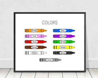 Könnte beinhalten: Ein gerahmter Druck mit einer farbenfrohen Illustration von Buntstiften, die jeweils mit einem anderen Farbnamen beschriftet sind. Das Wort "COLORS" steht oben. Die Buntstifte sind orange, pink, rot, braun, weiß, grau, blau, lila, grün, gelb und schwarz.