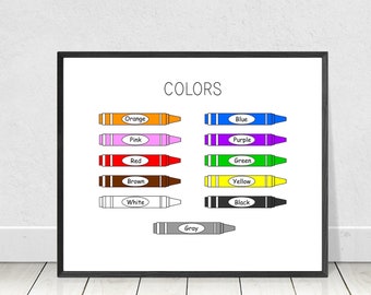 Könnte beinhalten: Ein gerahmter Druck mit dem Wort „COLORS“ oben und Illustrationen von Buntstiften in Orange, Pink, Rot, Braun, Weiß, Grau, Blau, Lila, Grün, Gelb und Schwarz. Der Rahmen ist schwarz. Digitaler Download.