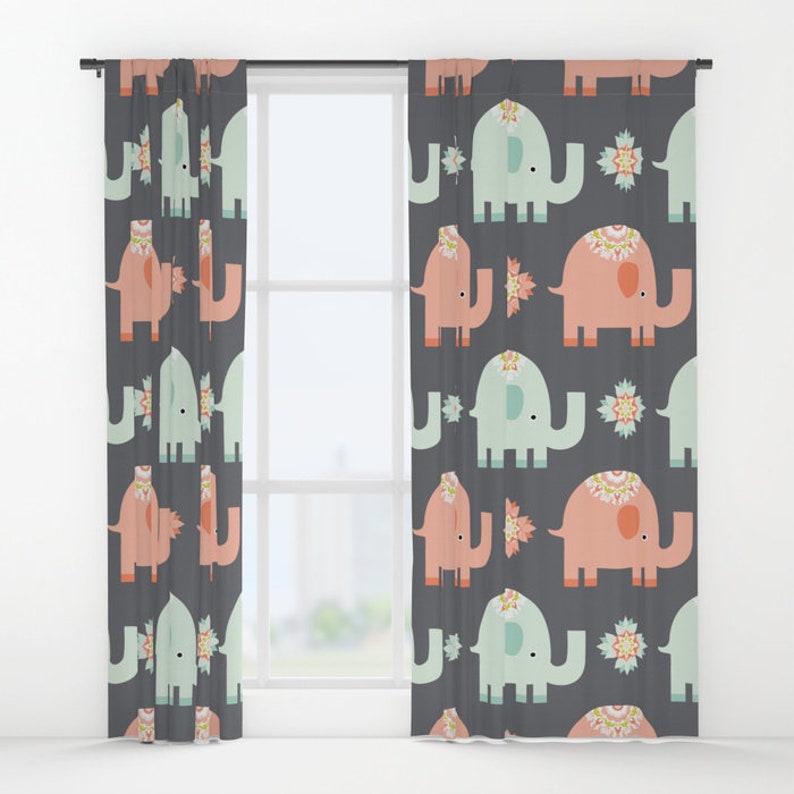 Elephant Curtains Nursery Window Curtain Animal Kids Childrens Panels Gray Ds