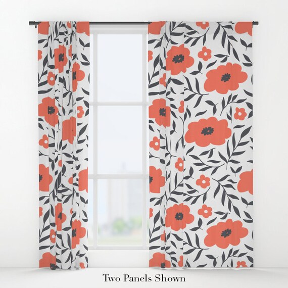 Red Flowers Window Curtains Red Curtains Flower Curtains Etsy