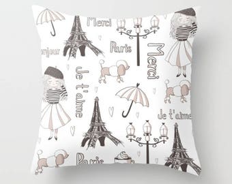 Paris Typography Accent Pillow, Romantic Paris Gift Pillow, Paris Cityscape Decorative Cushion, Paris-themed decorative throw pillow, 14x14"