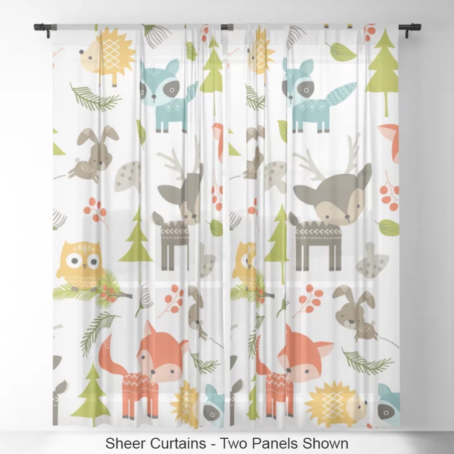 Woodland Animals Window Curtains, Animal Curtains, Animals Drapes, Kids Curtain, Forrest Curtain