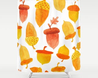Acorn Shower Curtain, Fall Acorns, Autumn Shower Curtain, Fall Shower Curtain, Watercolor Shower, Autumn Leaves, Bathroom Decor, Orange Bath