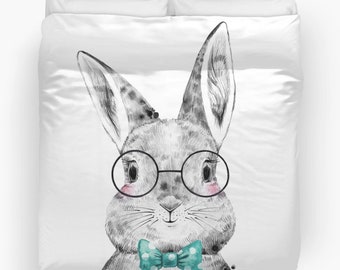 Funda nórdica de conejo, funda nórdica de conejito, edredón de conejo, edredón de conejito, funda nórdica individual, edredón para niños, ropa de cama de conejito, gafas, pajarita, niños