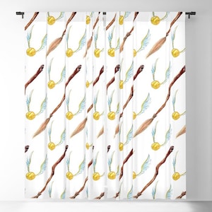 Wizard Sports Curtains, Magic School Sport Curtain Panels, Kids Curtains, Boy Wizard, Flying Broomstick, Golden Ball with Wings curtains
