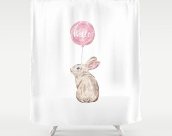 Bunny Shower Curtain, Bunny Bathroom, Rabbit Shower Curtain, Rabbit Bathroom, Girls Shower Curtain, Girls Bathroom, Pink Balloon, Watercolor
