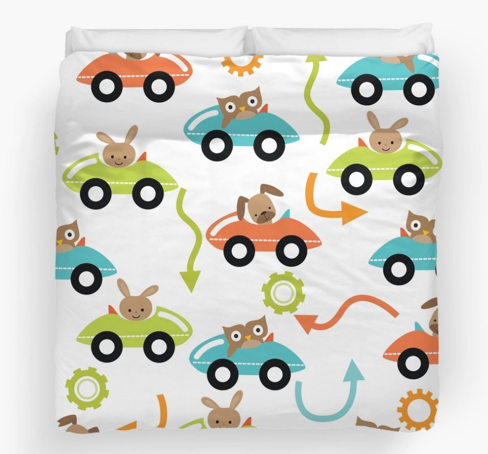 Cars Duvet Cover, Cars Comforter, Twin Duvet, Boys comforter, Race Cars bedding, Critter Cars, Puppy