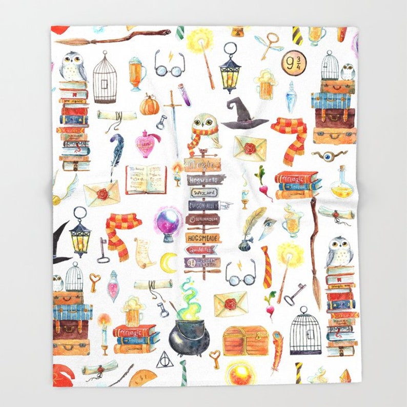 May include: A white background with a watercolor pattern of various Harry Potter themed objects, including owls, books, wands, a cauldron, a Hogwarts sign, and a golden snitch.