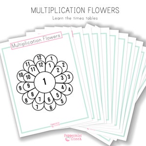 Vermenigvuldiging bloemen digitale download, leren vermenigvuldigen, leer de maaltafels, wiskunde van de basisschool, tweede leerjaar, derde leerjaar, thuisonderwijs