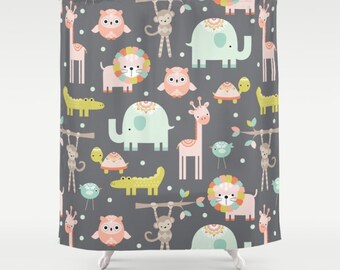 Safari Animals Shower Curtain, Jungle Shower, Kids Shower Curtain, Childrens Shower Curtain, Kids Bathroom, Childs Bathroom, Tub Liner, art