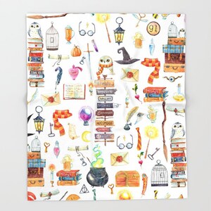 May include: A white background with a watercolor illustration of various Harry Potter themed objects, including owls, books, a cauldron, a wand, a key, a cage, a hat, a scarf, a potion bottle, a crystal ball, a lantern, a clock, a chest, a quill, a letter, a sign, and a glass of beer. The text "Hogwarts Wizard" is on one of the signs.