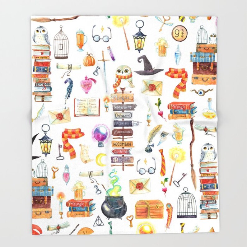 May include: A white background with a watercolor illustration of various Harry Potter themed objects, including owls, books, a cauldron, a wand, a key, a cage, a hat, a scarf, a potion bottle, a crystal ball, a lantern, a clock, a chest, a quill, a letter, a sign, and a glass of beer. The text "Hogwarts Wizard" is on one of the signs.