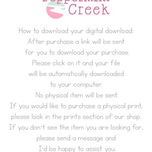 K&ouml;nnte beinhalten: Textbasierte Anweisungen zum Herunterladen eines digitalen Kaufs von Peppermint Creek. Der Text erkl&auml;rt, dass nach dem Kauf ein Link zum Herunterladen des Kaufs gesendet wird. Au&szlig;erdem wird darauf hingewiesen, dass kein physischer Artikel versandt wird.