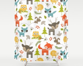 Woodland Animals Shower Curtain, Forest Animals Shower Curtain, Forrest, Kids Shower, Rustic Shower, Animals Bathroom, Tub Liner, childrens