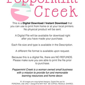 K&ouml;nnte beinhalten: Eine rosa und gr&uuml;ne Grafik mit dem Text "Peppermint Creek" und dem Text "Dies ist ein digitaler Download / Sofort-Download, den Sie zum Ausdrucken zu Hause oder bei Ihren lokalen Druckern verwenden k&ouml;nnen. Es wird kein physisches Produkt versandt."