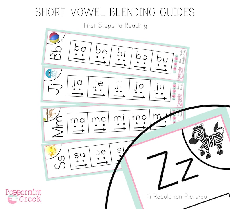 K&ouml;nnte beinhalten: Ein Satz druckbarer Kurzvokal-Blending-Anleitungen f&uuml;r Leseanf&auml;nger. Jede Anleitung enth&auml;lt einen Buchstaben, ein Bild und eine Reihe von Blends mit kurzen Vokalen. Die Anleitungen sollen Kindern helfen, Laute zu verschmelzen, um W&ouml;rter zu lesen.