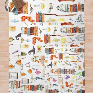 May include: White fabric with a repeating pattern of watercolor illustrations of magical objects, including books, owls, wands, potions, and keys. The pattern is in shades of brown, orange, yellow, blue, green, and purple.