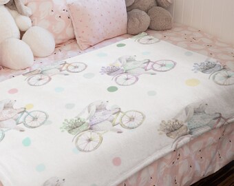 bunny rabbit blanket, Bunny Blanket, Rabbit Blanket, Peter Rabbit, Fleece Sherpa Blanket, Baby Minky Blanket, Bunny on Bike, Easter bunny