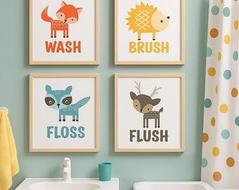 Woodland Animal Bathroom Prints – Set of 4 Unframed Kids Wall Art (Flush, Wash, Brush, Floss) – Deer, Fox, Hedgehog & Raccoon