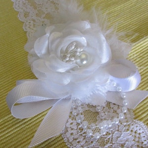 Beautiful white headband with flowers, feathers and bling on stretchy lace headband image 5