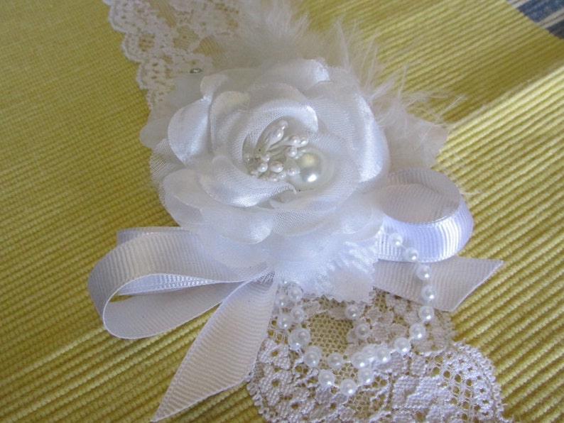 Beautiful white headband with flowers, feathers and bling on stretchy lace headband image 5