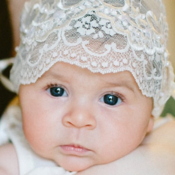 Great Gatsby Ivory Lace Christening Bonnet, Tulle Flowers