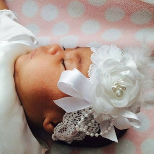 Beautiful white headband with flowers, feathers and bling on stretchy lace headband image 1