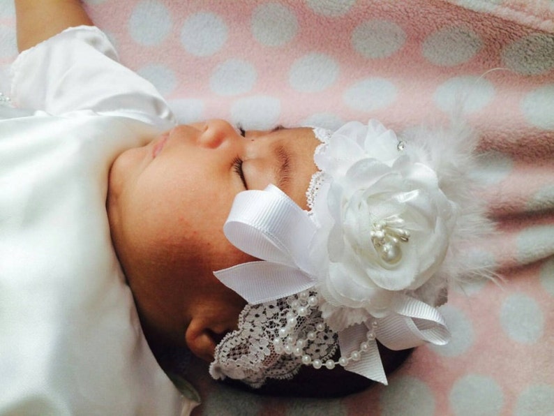 Beautiful white headband with flowers, feathers and bling on stretchy lace headband image 1