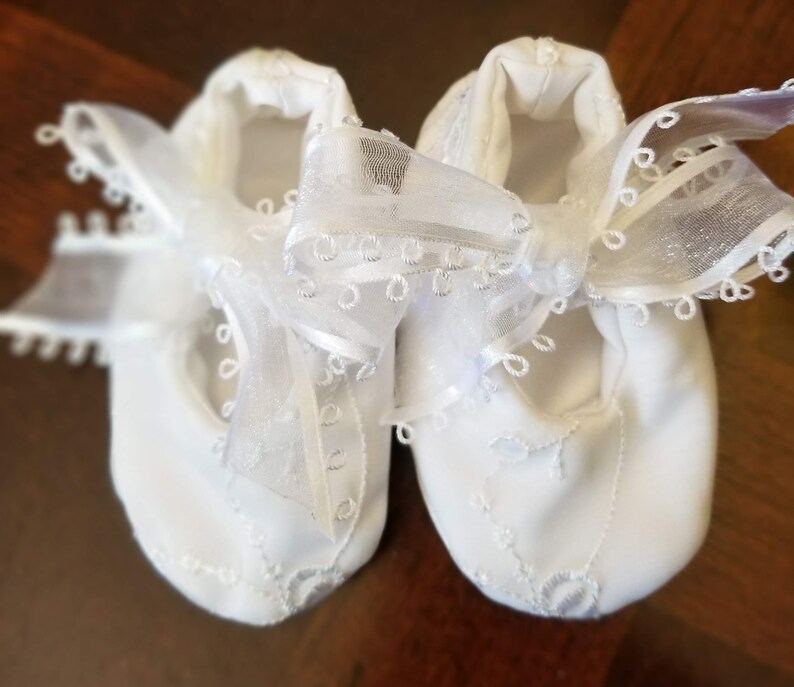 White Satin Baby Shoes With Organza Lace and Fabric Flower | Etsy