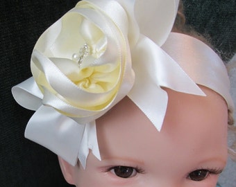 Off White satin headband with satin rose and bow with bling center