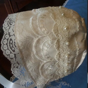 Off white satin and lace baby girl bonnet