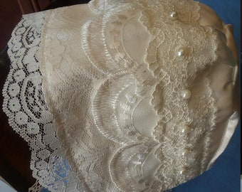 Off white satin and lace baby girl bonnet