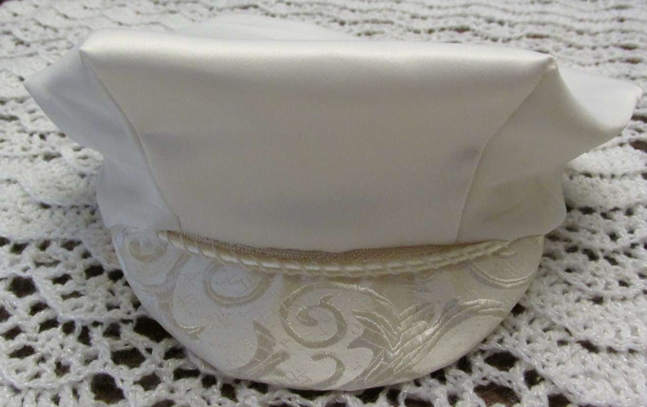 Off white satin "newsboy" style Christening/Baptism/Blessing hat with satin brocade brim and braided trim.