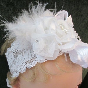 Beautiful white headband with flowers, feathers and bling on stretchy lace headband image 3