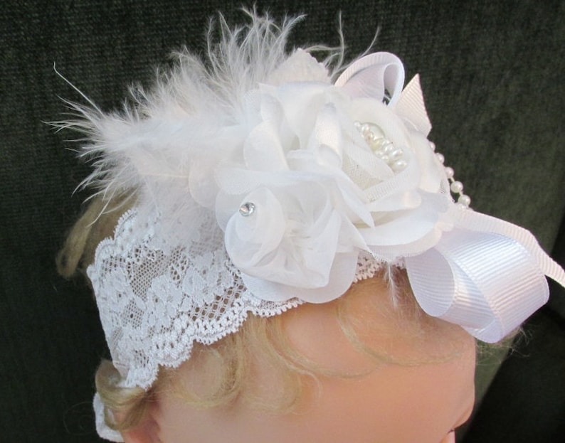 Beautiful white headband with flowers, feathers and bling on stretchy lace headband image 3