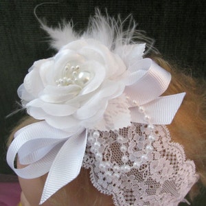 Beautiful white headband with flowers, feathers and bling on stretchy lace headband image 2