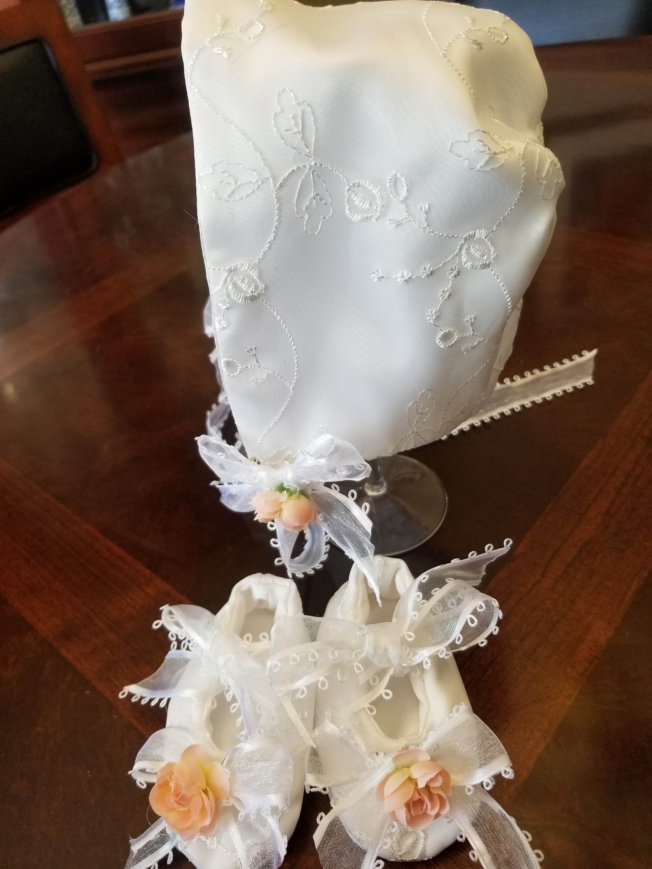 White satin and embroidered organza bonnet