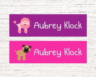 Skinny Waterproof Name Stickers - Waterproof  - Personalized Name Labels - Labels for School Supplies -   Girl Dogs