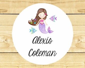 48 Circle Personalized Waterproof Labels Waterproof Stickers  Daycare Label School - Brunette Mermaid