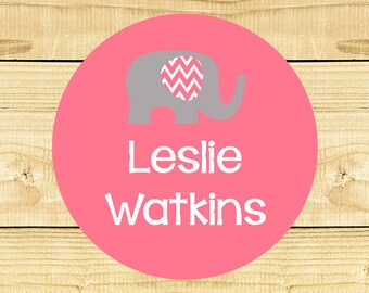 48 Circle Personalized Waterproof Labels Waterproof Stickers  Daycare Label School  - Pink Elephants