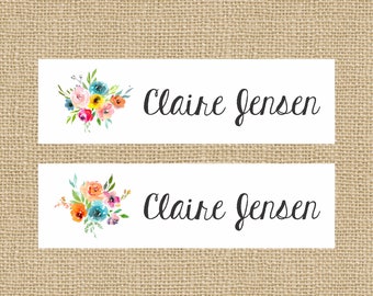 Skinny Waterproof Name Stickers - Personalized Name Labels - Labels for School Supplies  - Watercolor Flowers 004