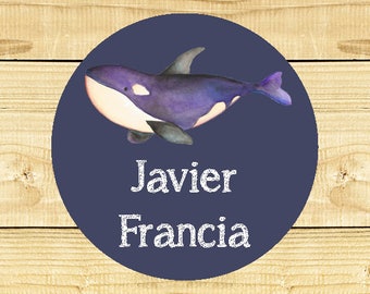 48 Circle Personalized Waterproof Labels Waterproof Stickers  Daycare Label School - Killer Whale - Orca 001