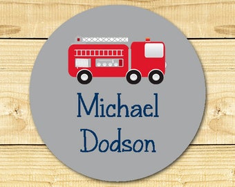 48 Circle Personalized Waterproof Labels Waterproof Stickers  Daycare Label School - Firetruck 001