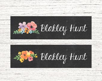 Skinny Waterproof Name Stickers - Name Labels - Daycare Labels - School Labels - Watercolor Flowers 001