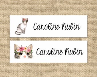 Skinny Waterproof Name Stickers - Waterproof  - Personalized Name Labels - Labels for School Supplies -  Cats