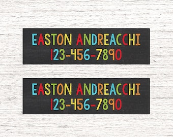 Skinny Waterproof Name Stickers- Daycare Labels- School Supply Labels - Boy Chalkboard w/ phone number 003